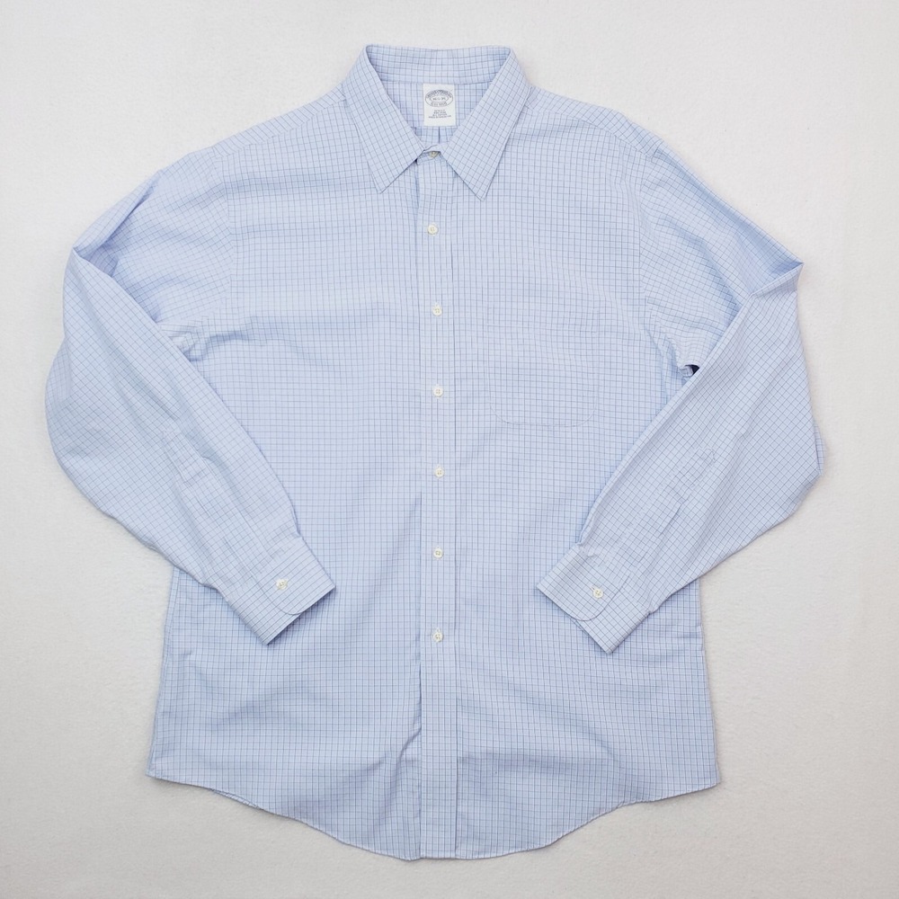 Brooks Brothers Shirt Mens 16.5 Blue Check Slim Fit Button Up No Iron Graph Grid